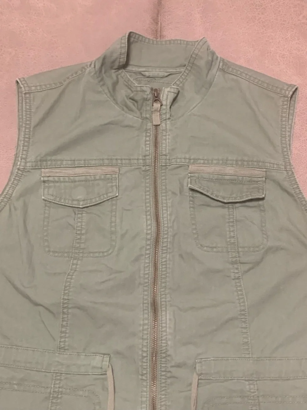 Merona Womens Washed Wear Olive Cotton Canvas Utility Zip Vest Jacket Size Large - Picture 4 of 8